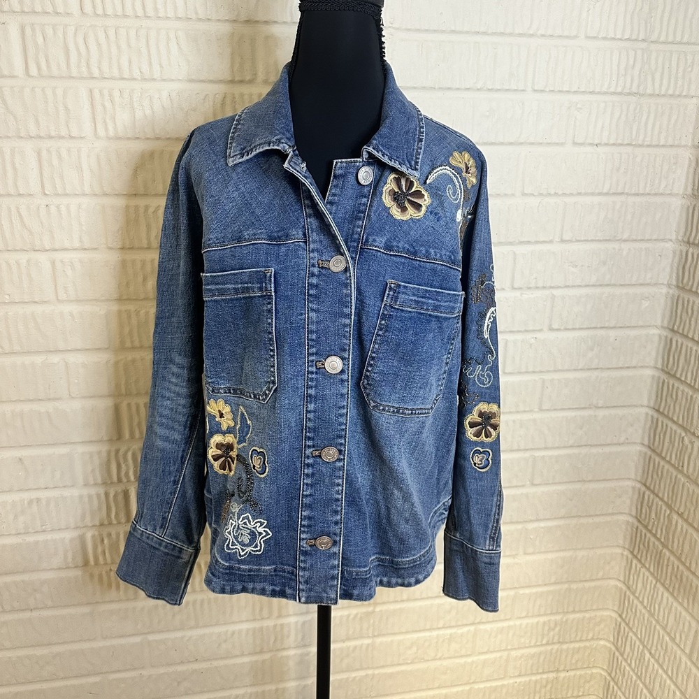 NWT Chicos Jacket Denim Embroidered Flower Indigo Sz M (1) Western Streetwear
